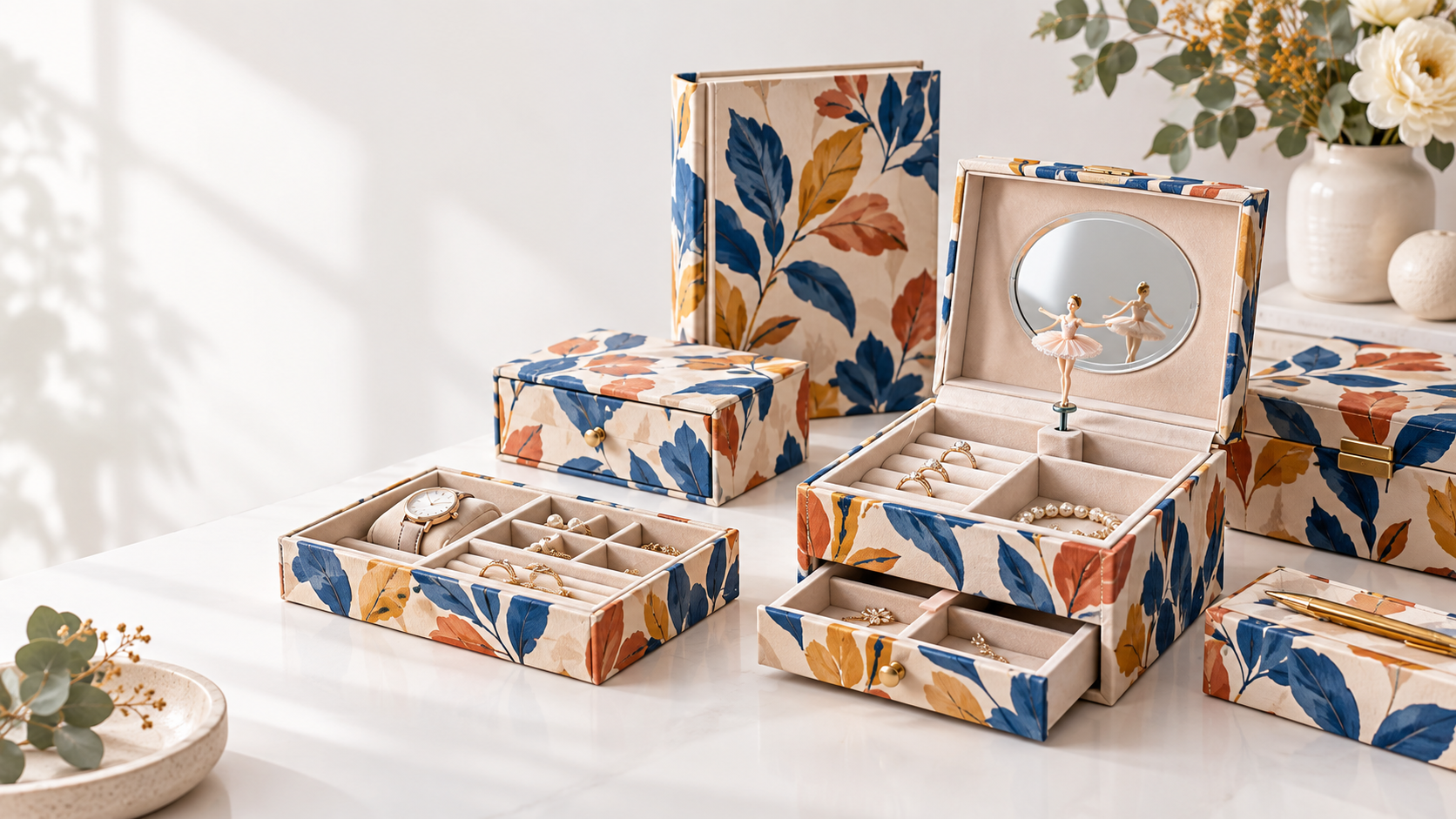 Paper-wrapped MDF jewellery music box with mirror, ballerina and drawer