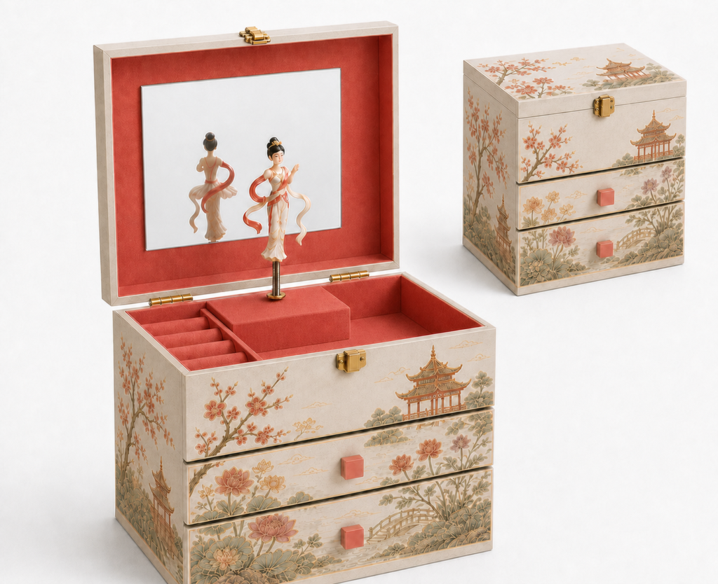 Chinese Seasons Tall Three-Drawer Cabinet Music Box