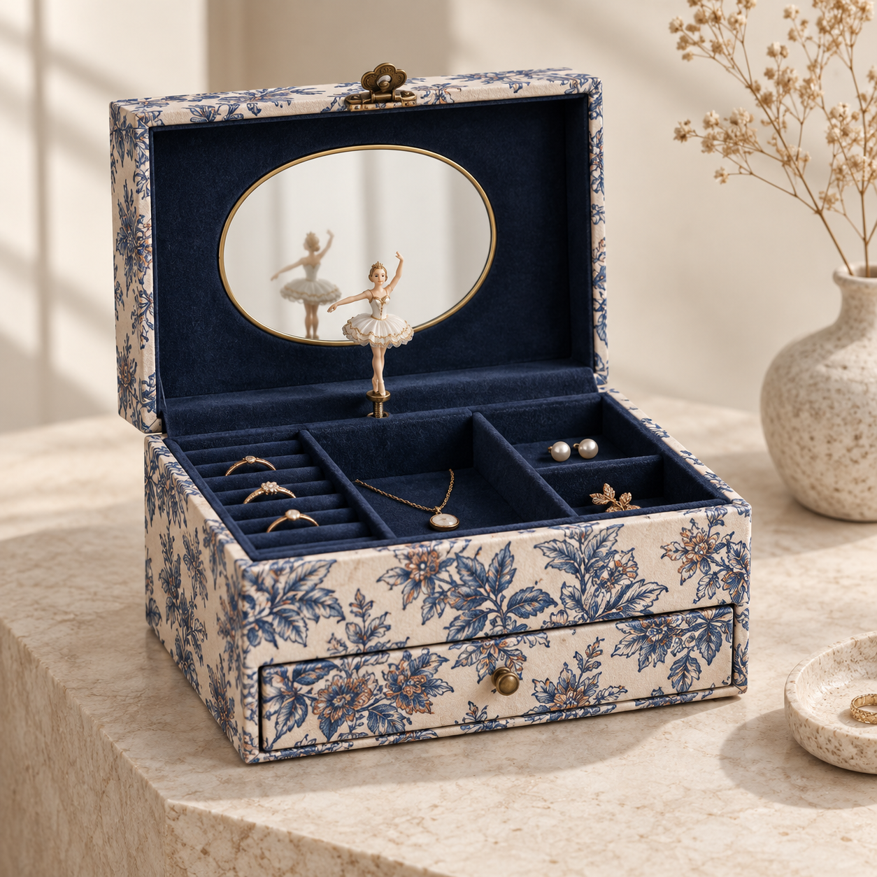 Open blue toile paper-wrapped MDF music jewellery box with mirror, ballerina, compartments and drawer