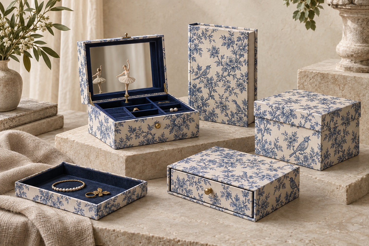 One coordinated paper-wrapped MDF artwork developed across multiple product structures