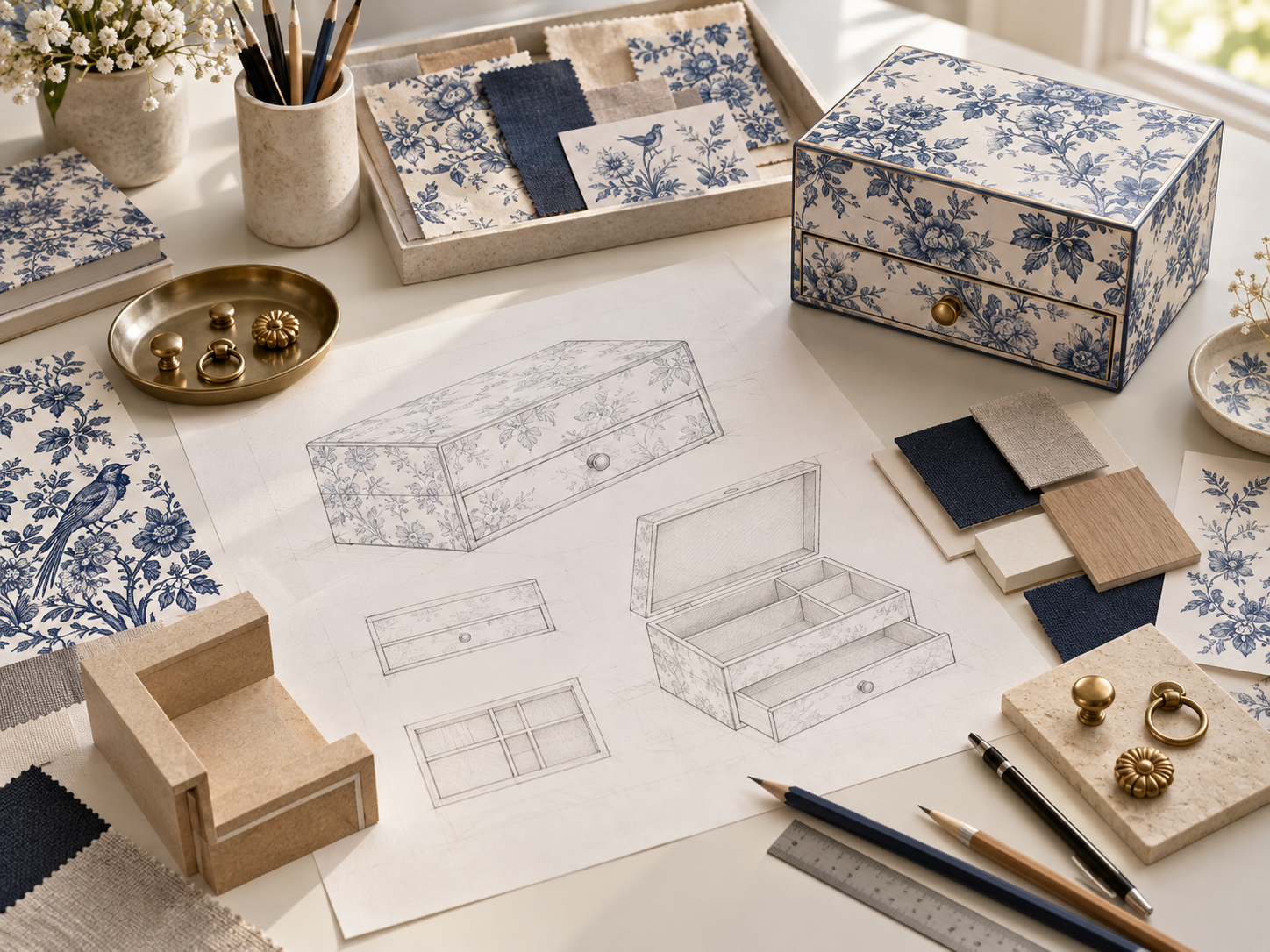 Music jewellery box design development with structure drawings and material samples