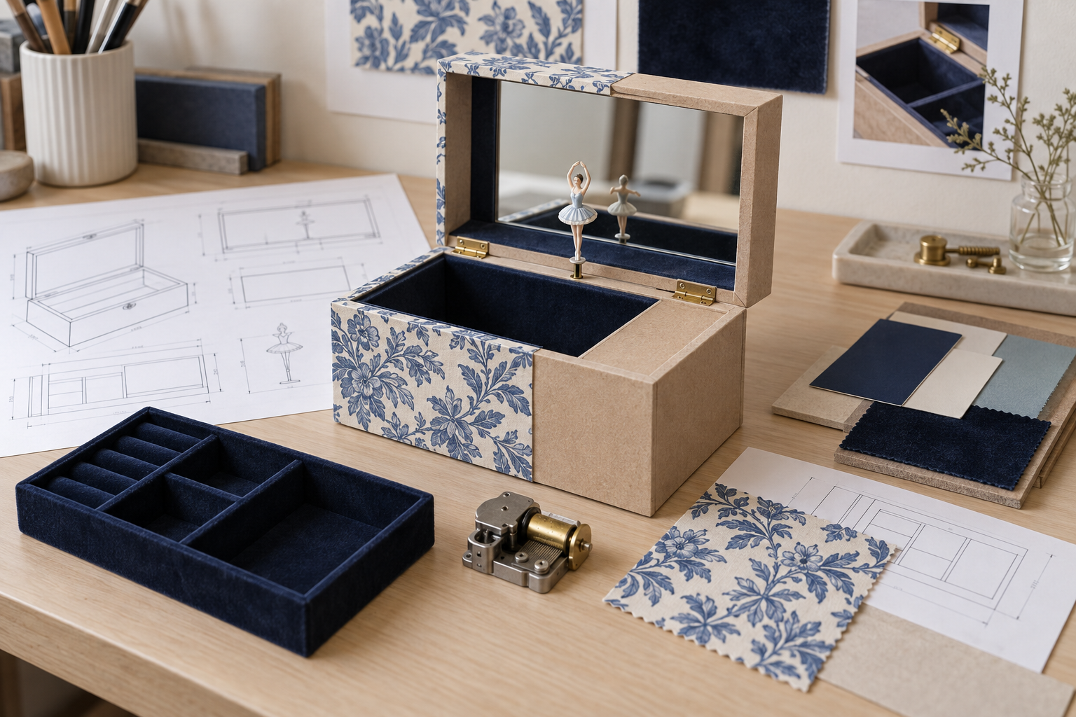 Music jewellery box prototype aligning MDF structure, artwork, lining, fittings and movement