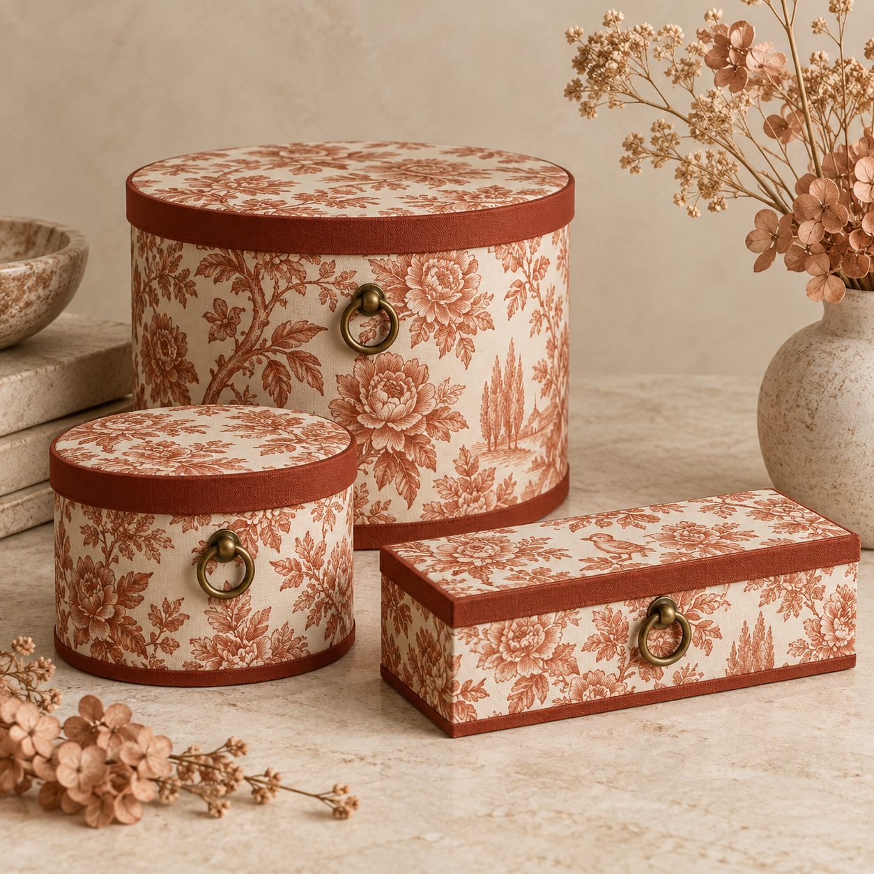 Terracotta floral round storage boxes